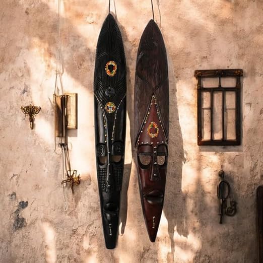 Original Hand-Carved African Warrior Masks with Beaded Detailing - 24-Inch Wooden Wall Decor | Set of 2 | Home Decor Accent for Living Room &amp; Office | Unique Cultural Art &amp; Gift image 4