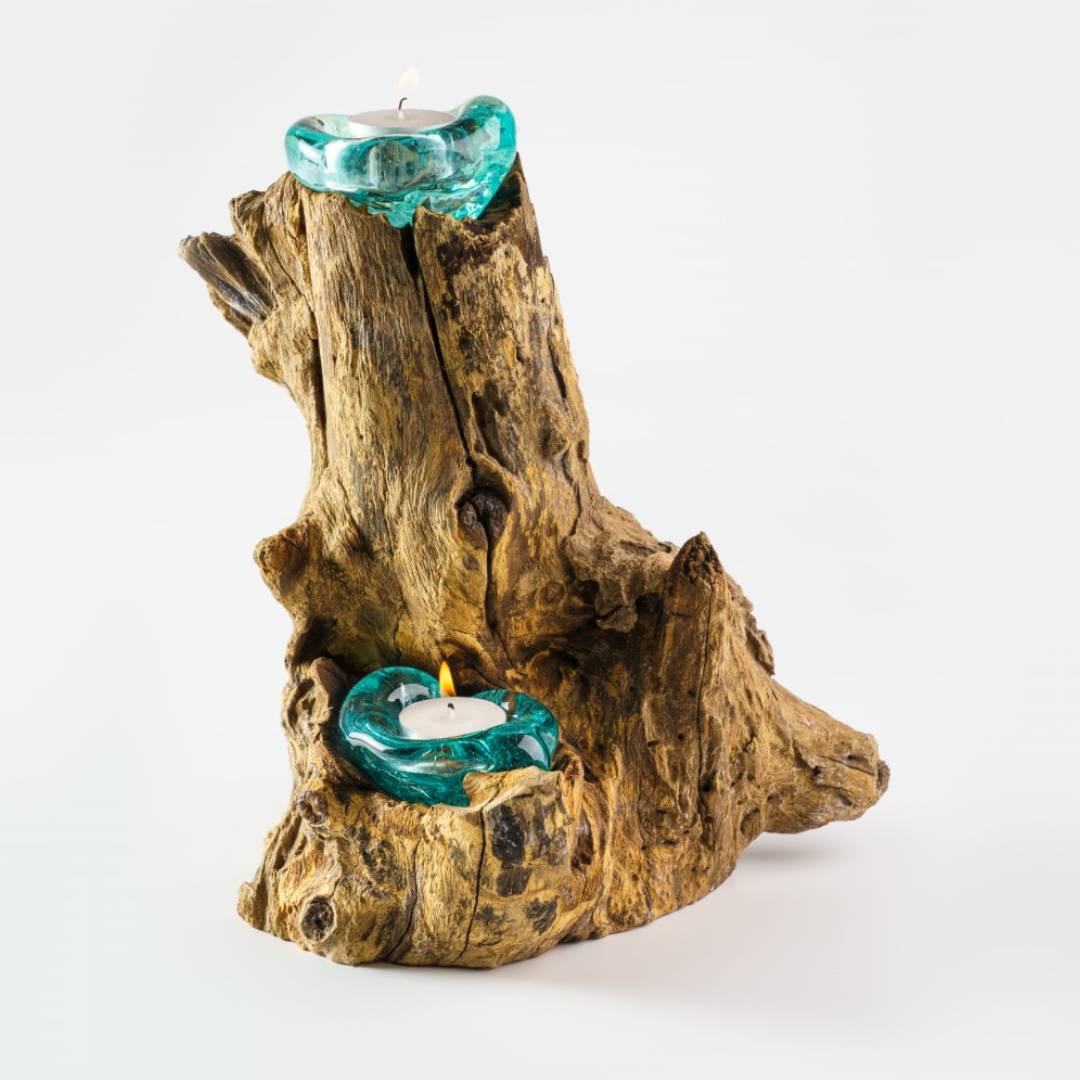 Set of 2 Vertical Gamal Root &amp; Molten Glass Candle Holders image 0