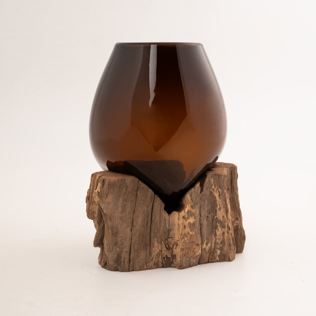 Round Chocolate Glass Aquarium on wood image 0