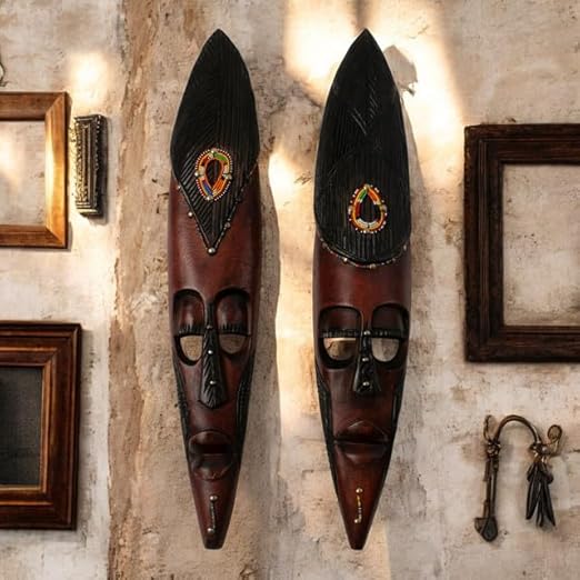Original Hand-Carved African Warrior Masks with Beaded Detailing - 24-Inch Wooden Wall Decor | Set of 2 | Home Decor Accent for Living Room &amp; Office | Unique Cultural Art &amp; Gift image 3