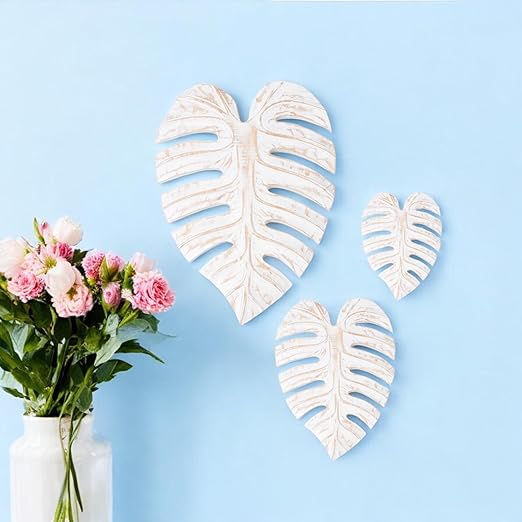 Monstera Leaf for Living Room, Wall Home Decor, Room Decor Wall Sculptures Hanging Decorations for Bedroom, Bathroom, Office Decor (White -Set of 3) image 2