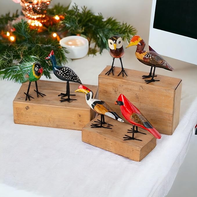 Charming Hand-Carved Wooden Bird Figurines | Intricately Crafted Home Decor Accent | Assorted Bird Designs image 1