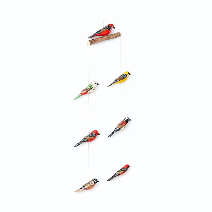 Set of 7 Hanging Birds Carved in Wood for Living Room Bedroom Home Kitchen Office Decoration Items image 0