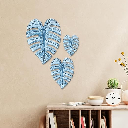 Monstera Leaf for Living Room, Wall Home Decor, Room Decor Wall Sculptures Hanging Decorations for Bedroom, Bathroom, Office Decor (Blue-Set of 3) image 2