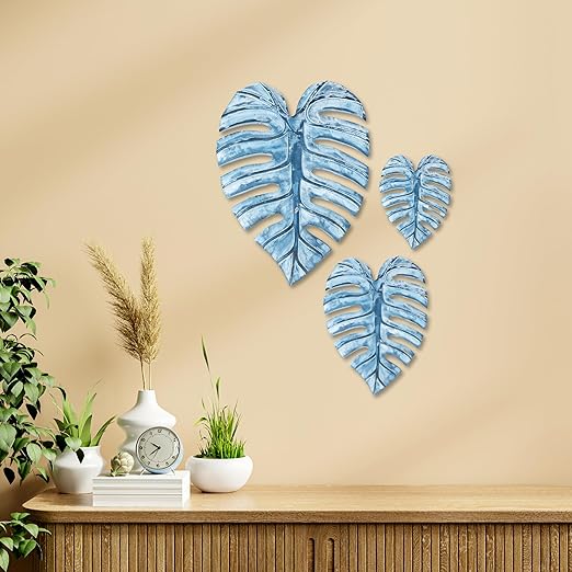 Monstera Leaf for Living Room, Wall Home Decor, Room Decor Wall Sculptures Hanging Decorations for Bedroom, Bathroom, Office Decor (Blue-Set of 3) image 4