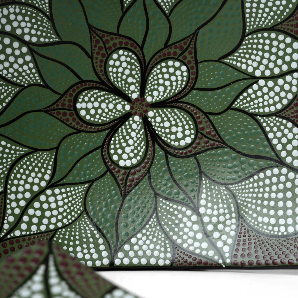 Square Aborigin Plate - Green and white flower image 1