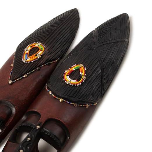 Original Hand-Carved African Warrior Masks with Beaded Detailing - 24-Inch Wooden Wall Decor | Set of 2 | Home Decor Accent for Living Room &amp; Office | Unique Cultural Art &amp; Gift image 1