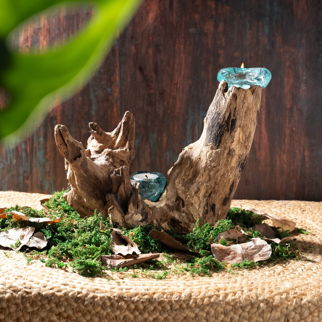 Set of 2 Vertical Gamal Root &amp; Molten Glass Candle Holders image 2