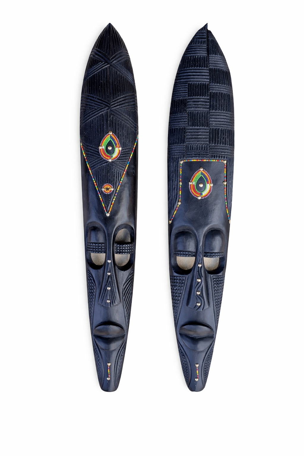 36-Inch Hand-Carved Beaded Black Tribal Wall Mask