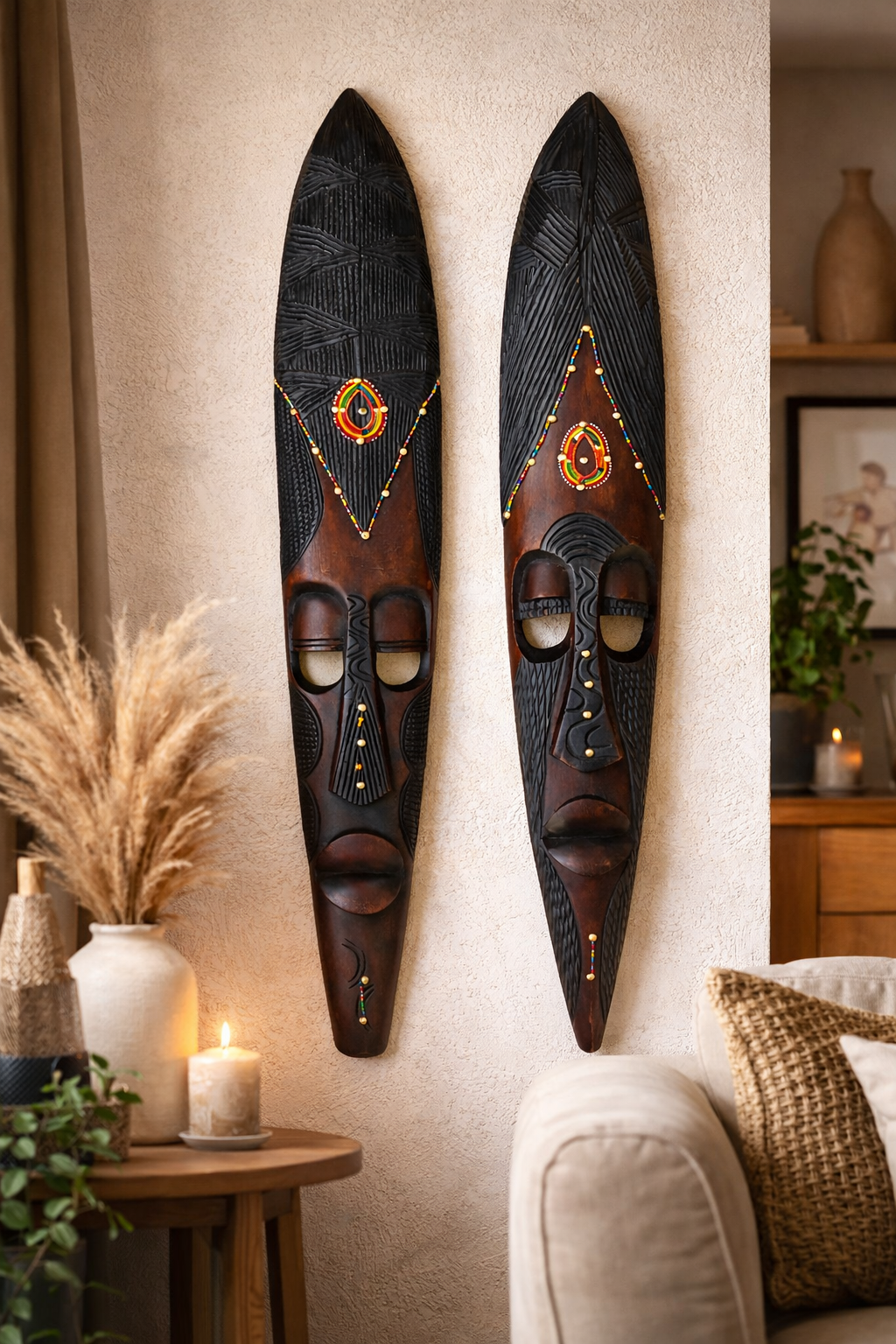 36-Inch Hand-Carved Beaded Tribal Wall Mask – Guardian Spirit Design