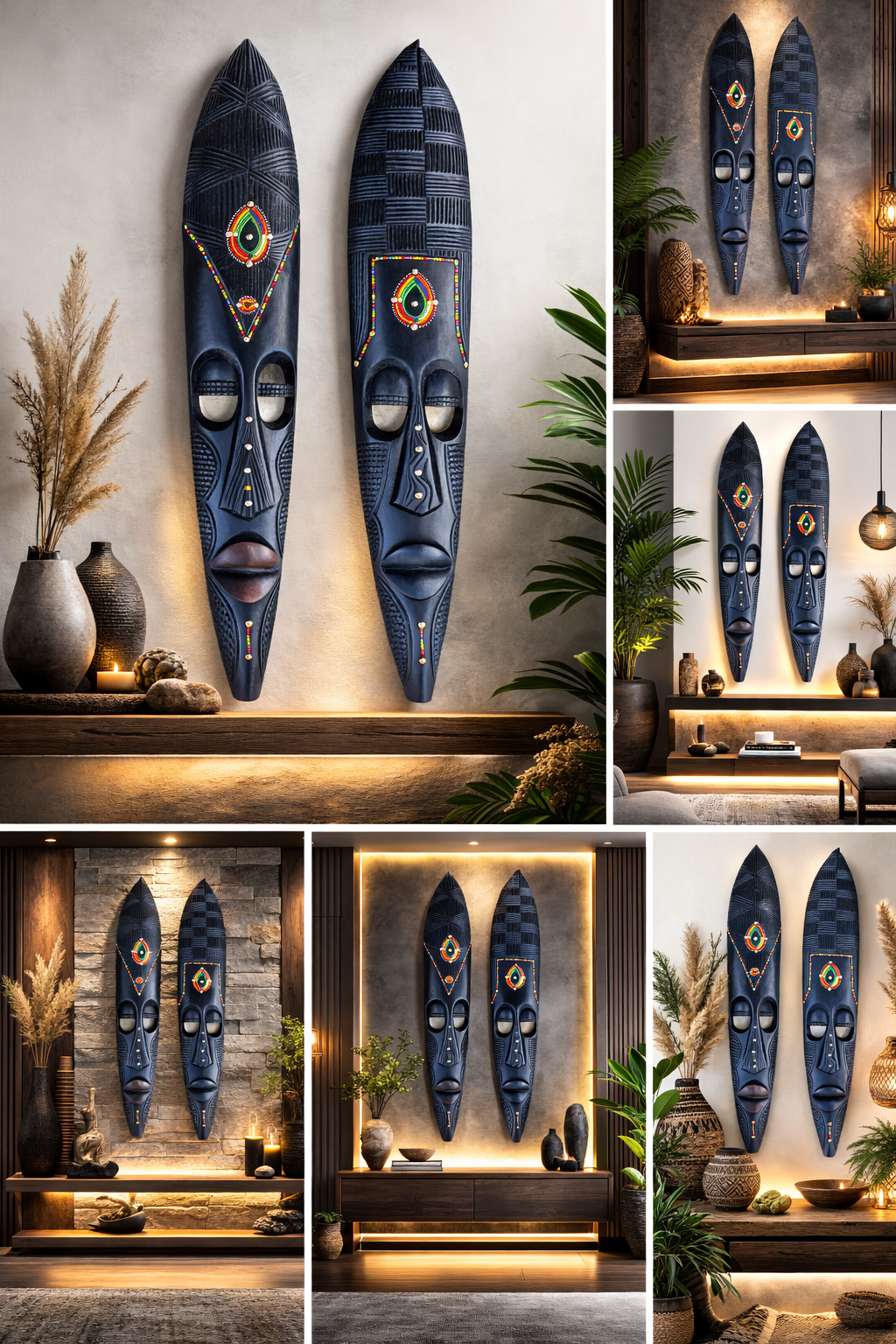 36-Inch Hand-Carved Beaded Black Tribal Wall Mask