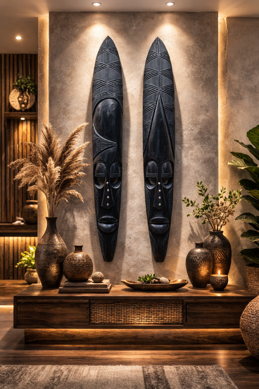 36-Inch Hand-Carved Black Tribal Wall Mask – Classic Matte Finish