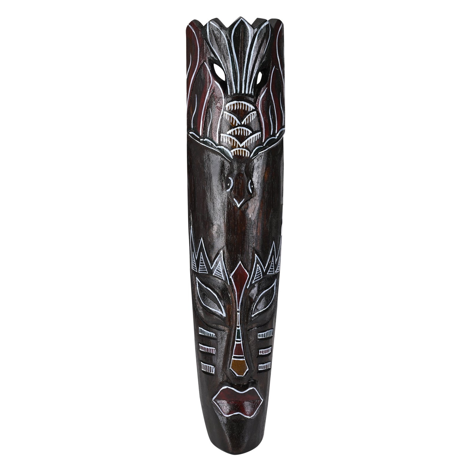 Indonesian Tribal Mask, Hand-Carved Wood, 50 cm x 11 cm, Dark Brown