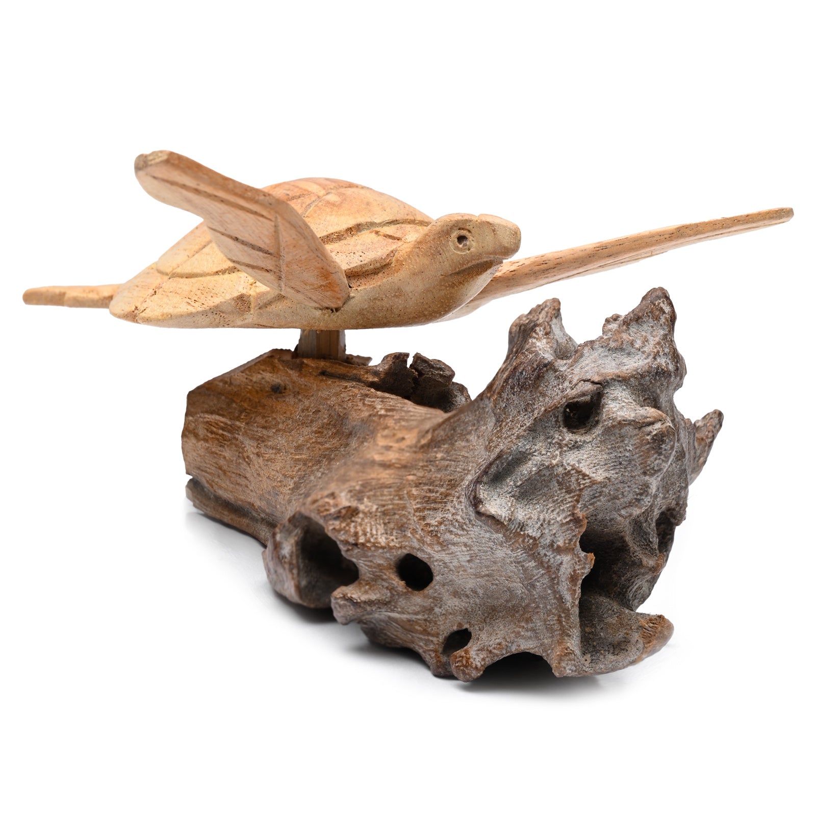 BAGUS Wooden Sea Turtle Sculpture on Rock Base, Handcrafted Decorative Home Accent, Natural Jempinis