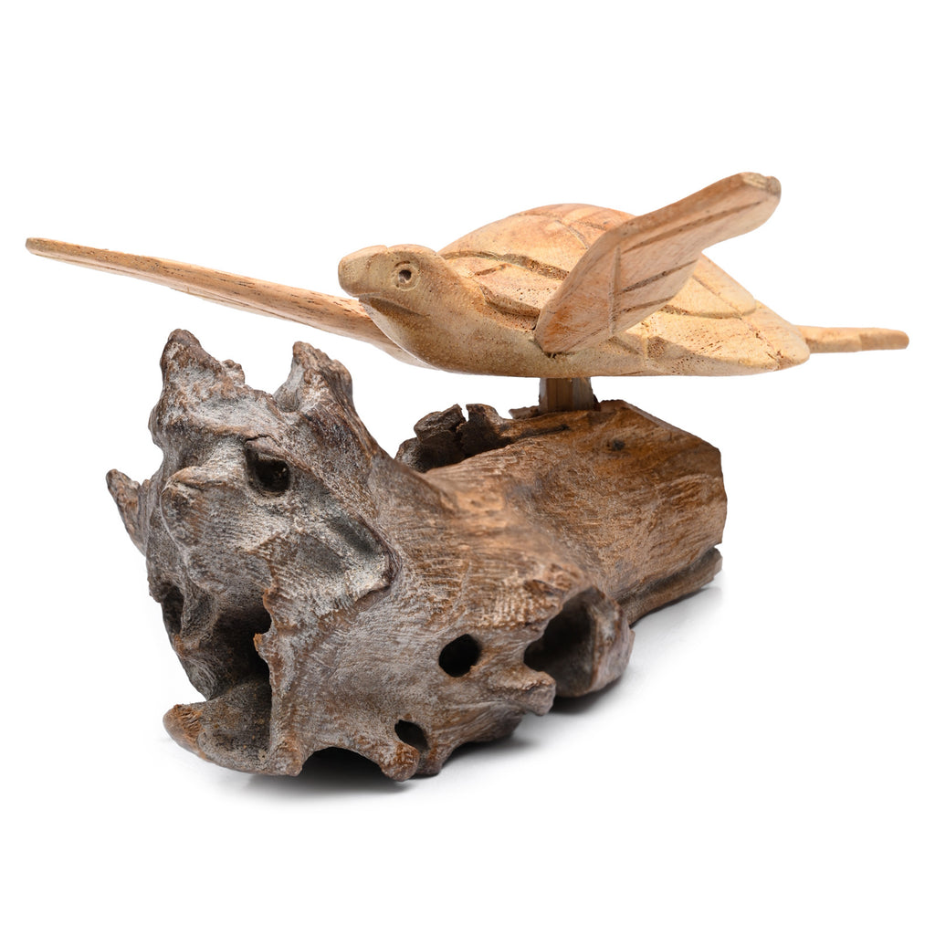 BAGUS Wooden Sea Turtle Sculpture on Rock Base, Handcrafted Decorative Home Accent, Natural Jempinis