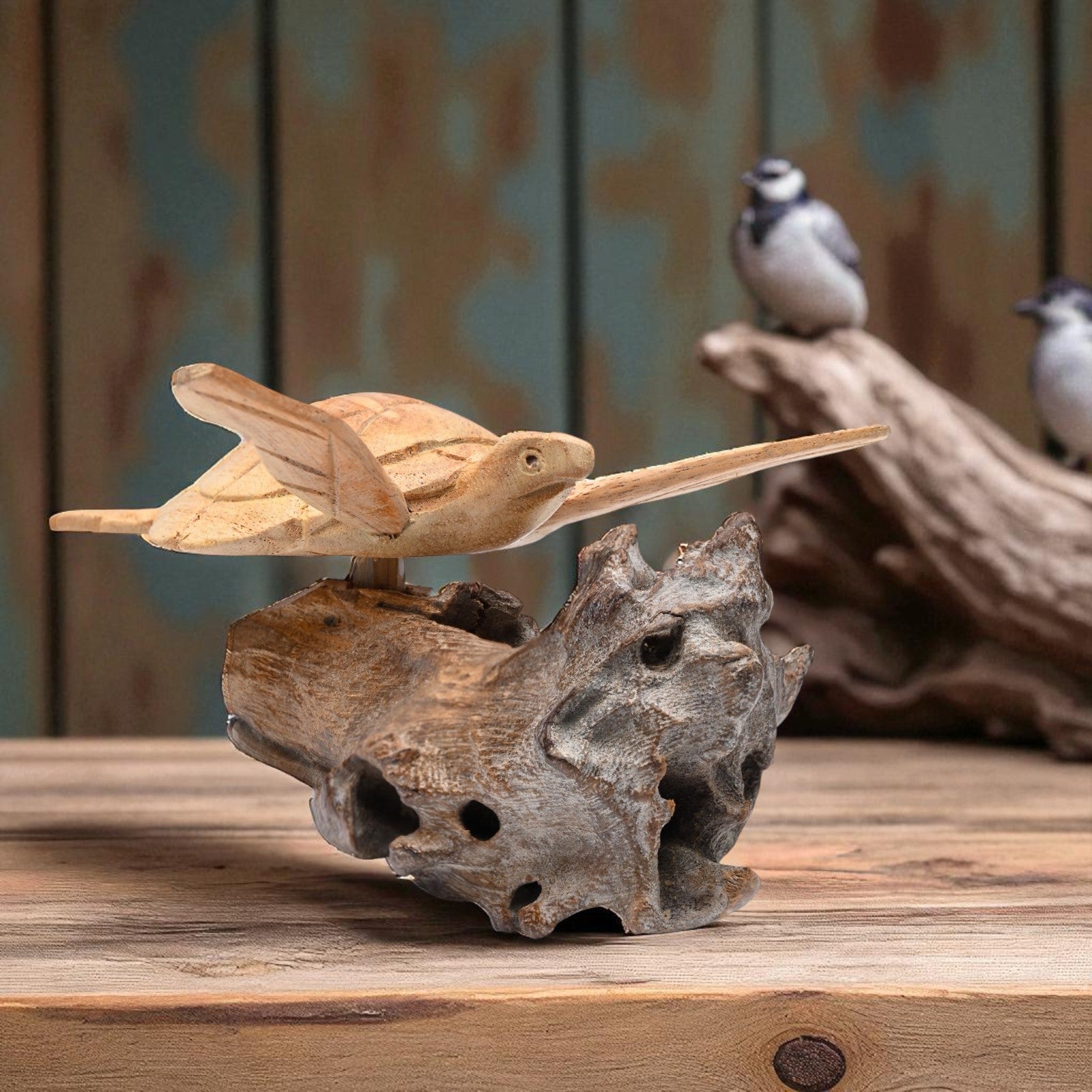 BAGUS Wooden Sea Turtle Sculpture on Rock Base, Handcrafted Decorative Home Accent, Natural Jempinis