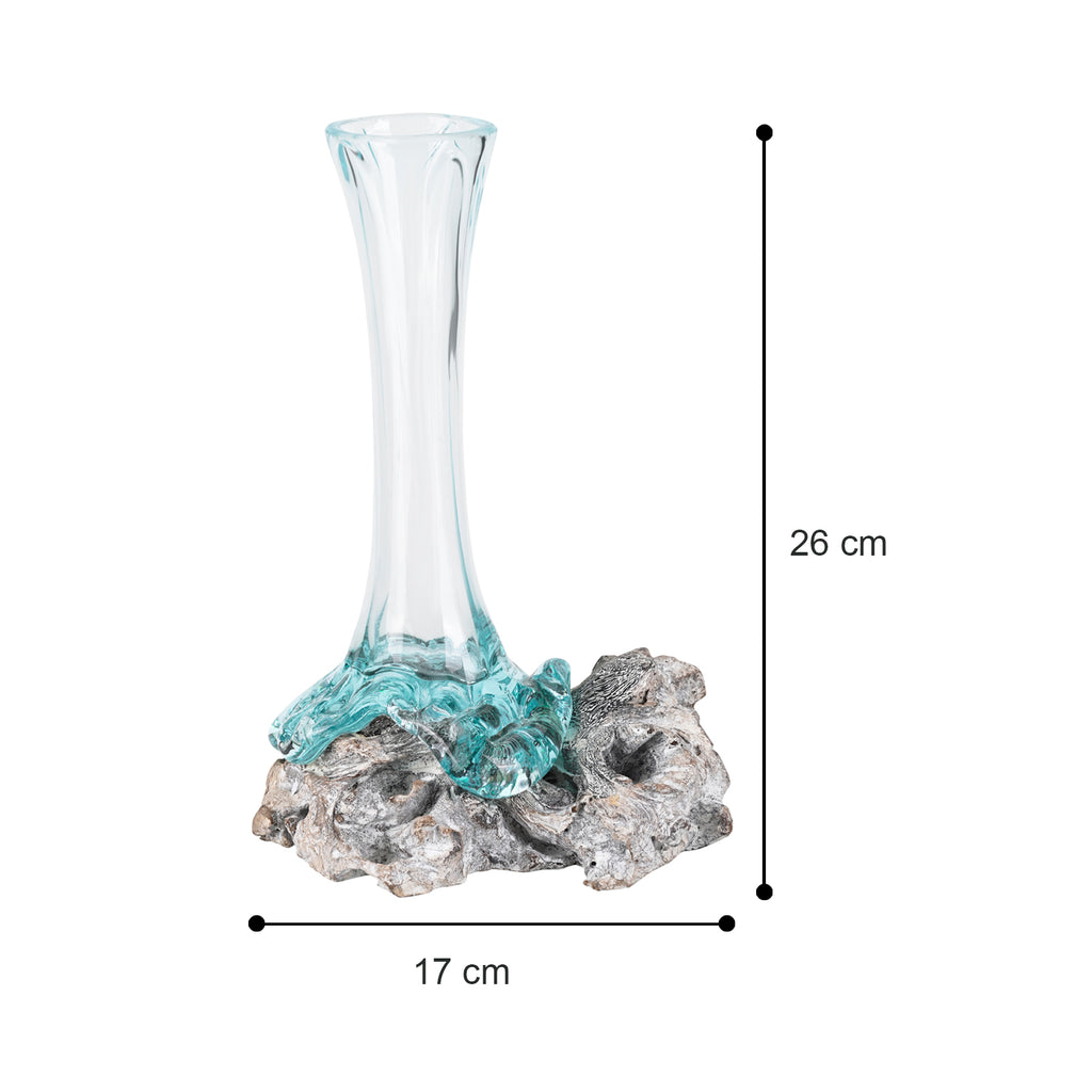 Molten Aqua Glass Bud Vase Root Wood Base