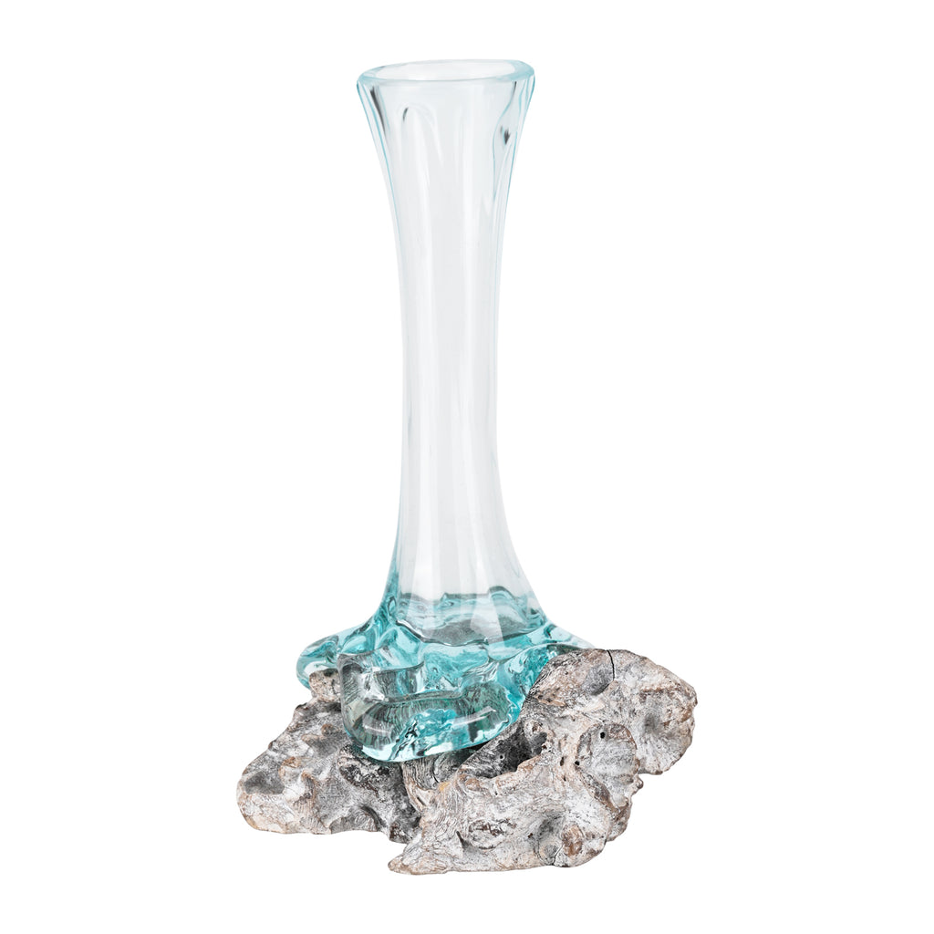 Molten Aqua Glass Bud Vase Root Wood Base