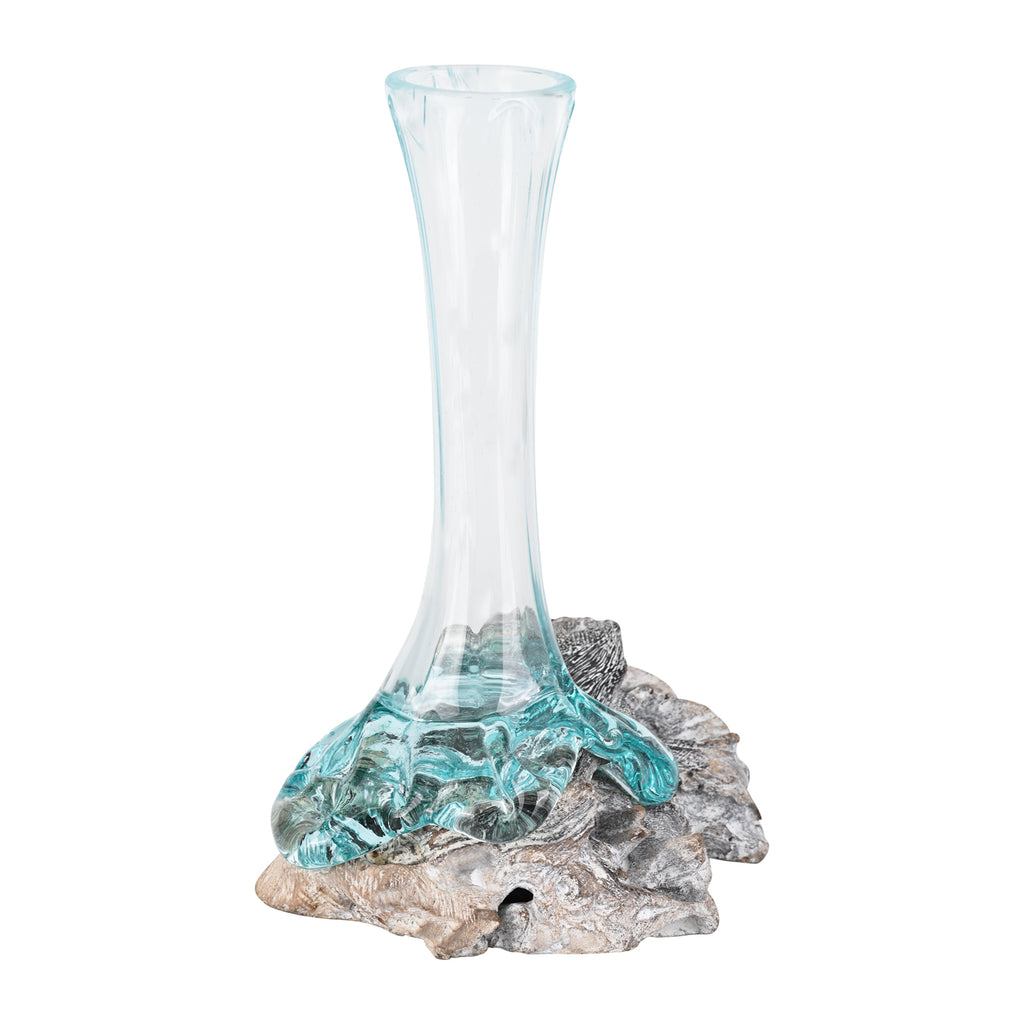 Molten Aqua Glass Bud Vase Root Wood Base