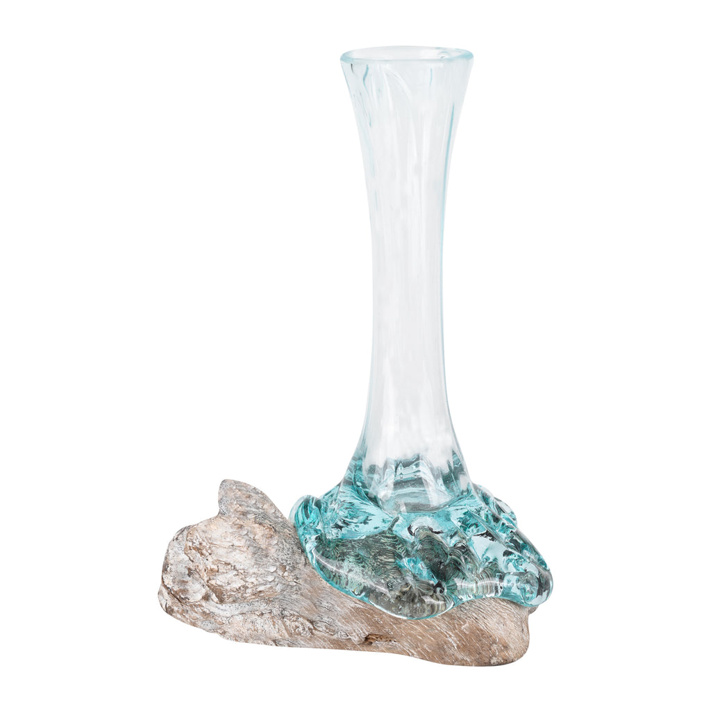 Molten Aqua Glass Bud Vase Root Wood Base