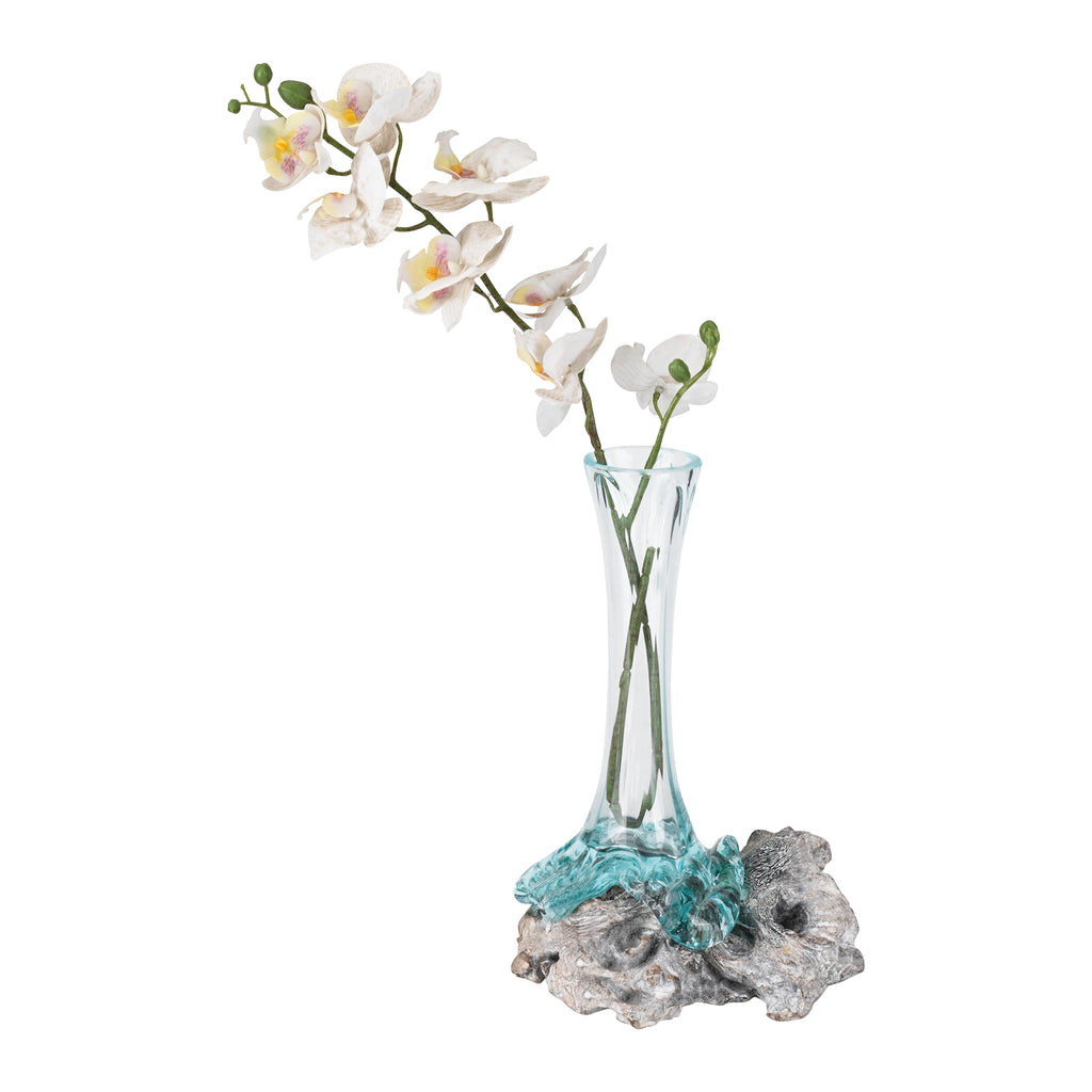 Molten Aqua Glass Bud Vase Root Wood Base