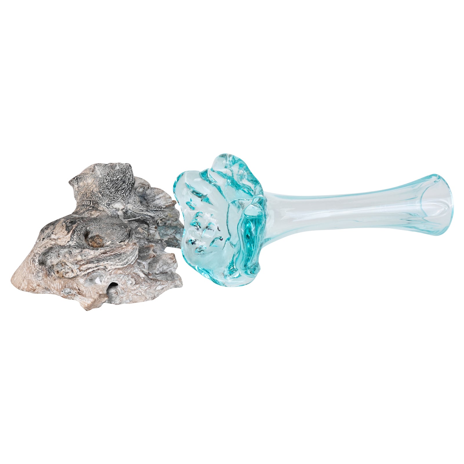 Molten Aqua Glass Bud Vase Root Wood Base