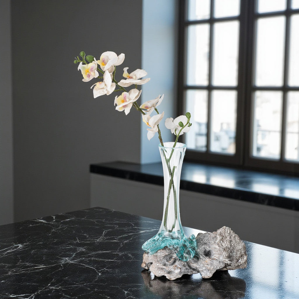 Molten Aqua Glass Bud Vase Root Wood Base