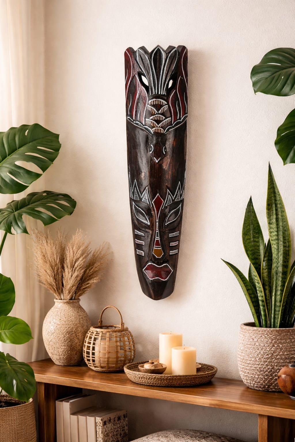 Indonesian Tribal Mask, Hand-Carved Wood, 50 cm x 11 cm, Dark Brown