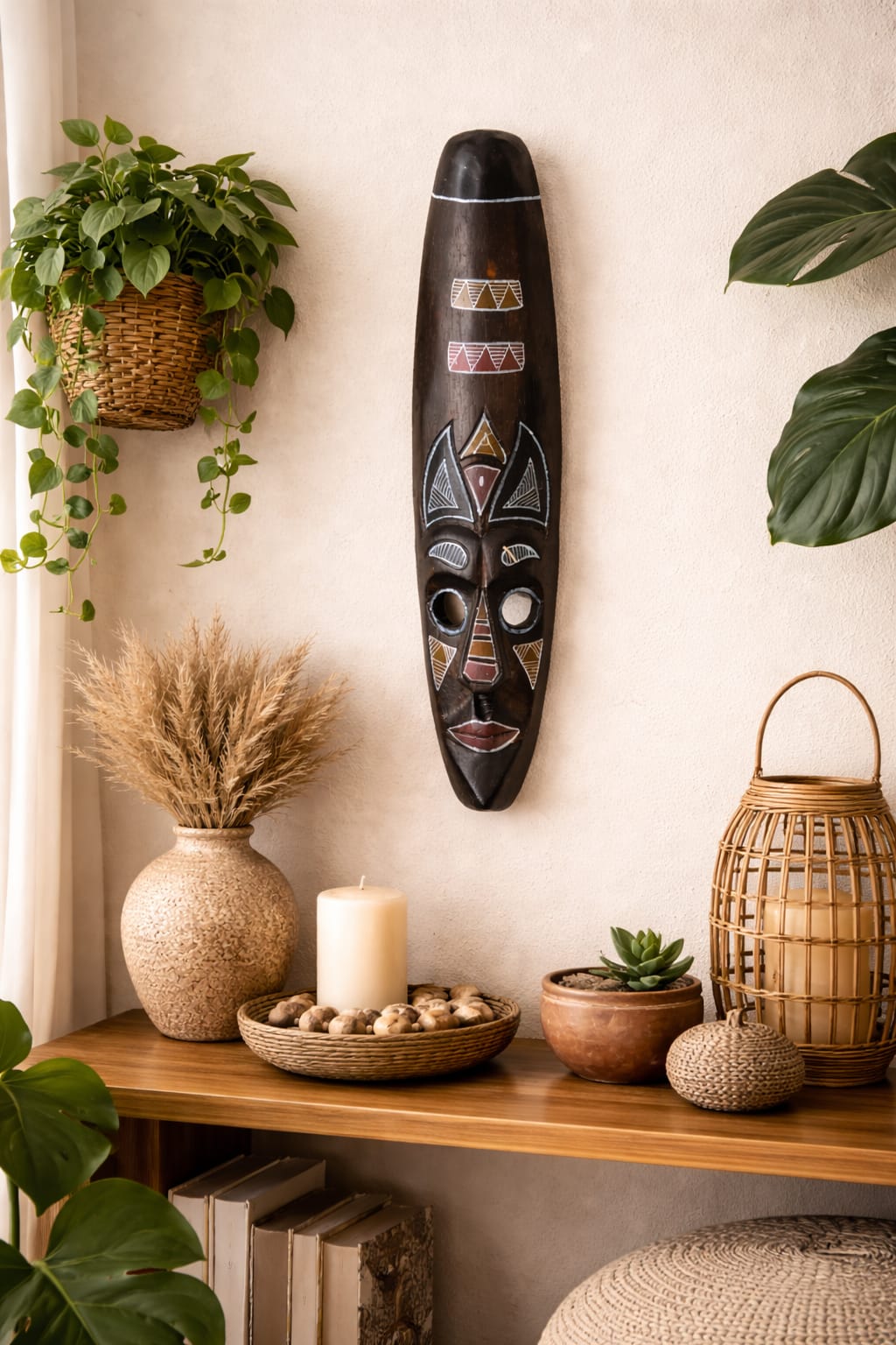 BAGUS HOME DECOR Indonesian Tribal Wall Mask, Hand-Carved Wooden Decor, 49 cm x 12 cm, Dark Brown