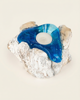 Glass Candle Stand on White Wood — Blue