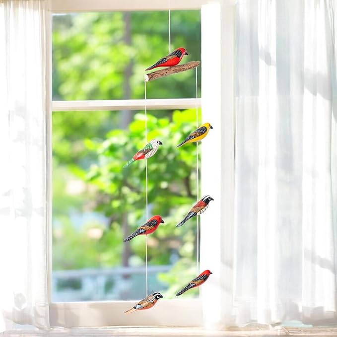 Set of 7 Hanging Birds Carved in Wood for Living Room Bedroom Home Kitchen Office Decoration Items image 2