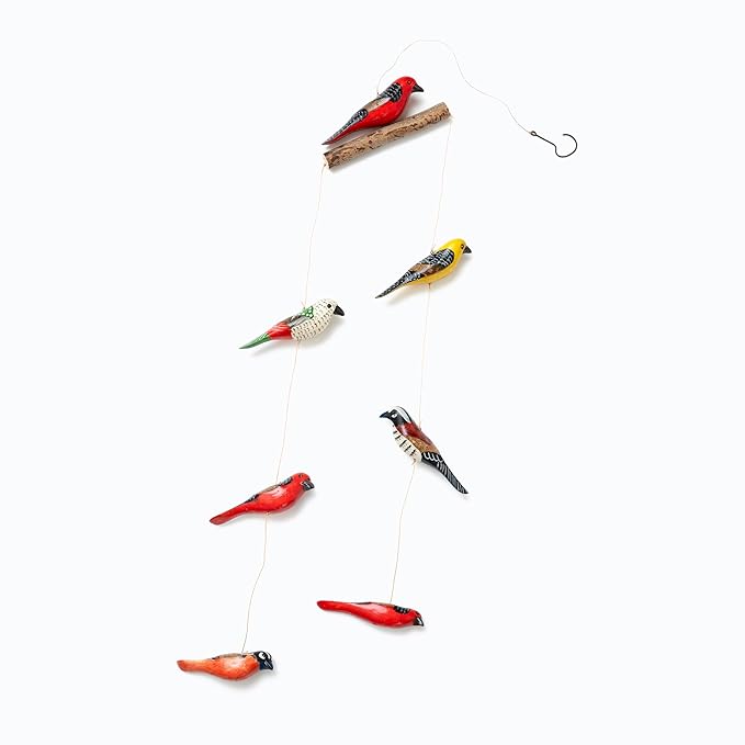 Set of 7 Hanging Birds Carved in Wood for Living Room Bedroom Home Kitchen Office Decoration Items image 1