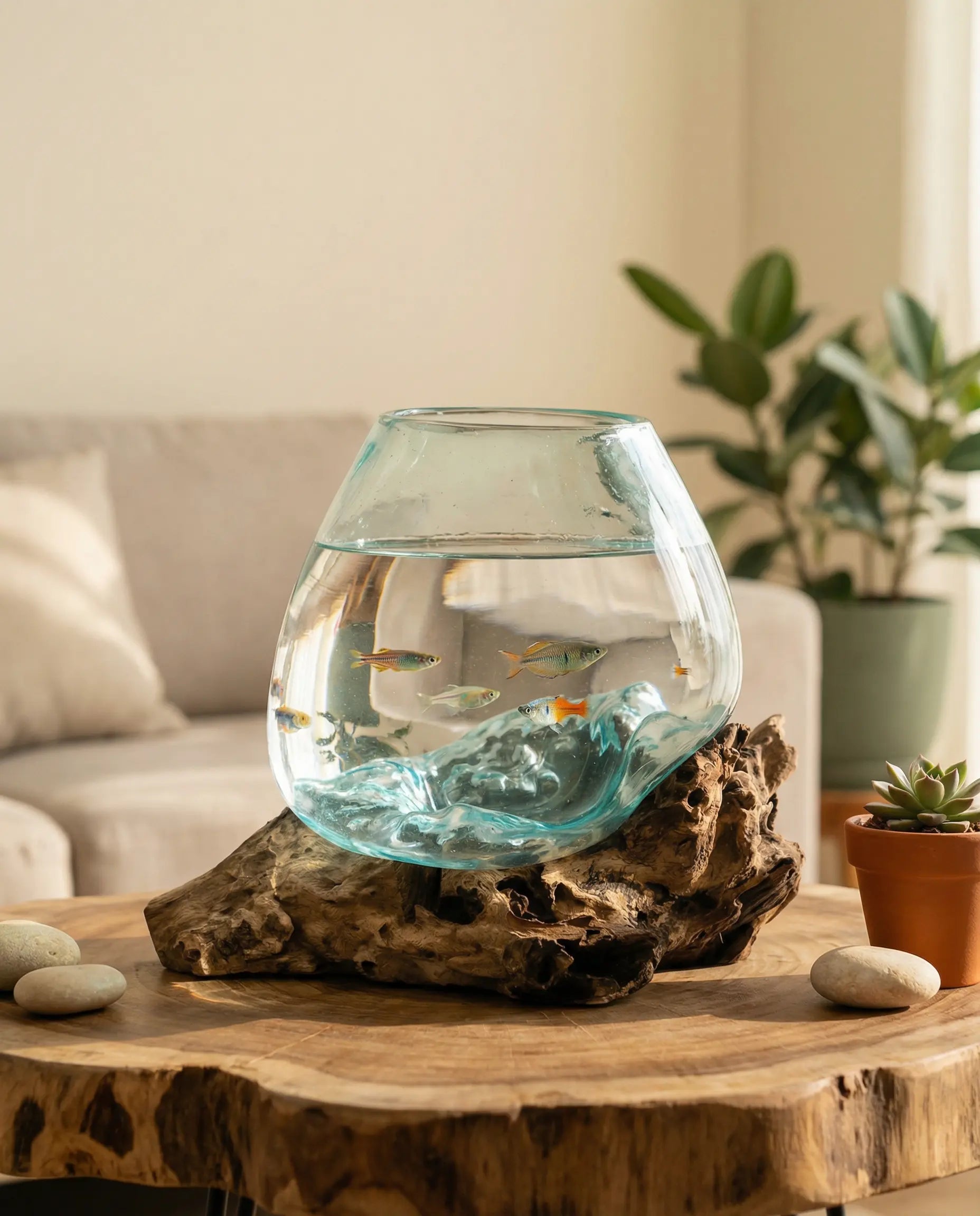 Glass Aquarium melted on Wood (Natural Wood finish) Glass Aquarium on Natural Drift wood (SMALL)