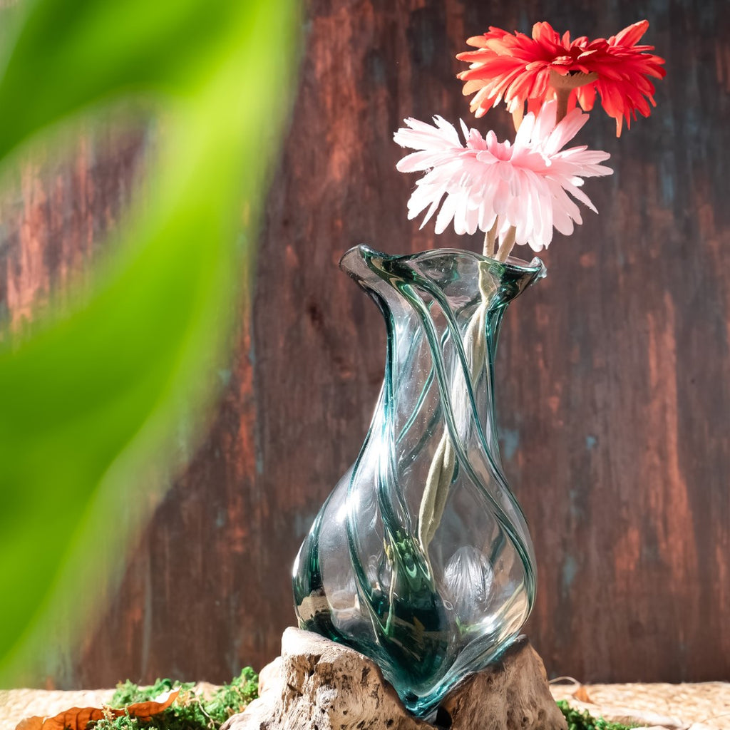 Spiral Glass flower Vase on Wood image 2