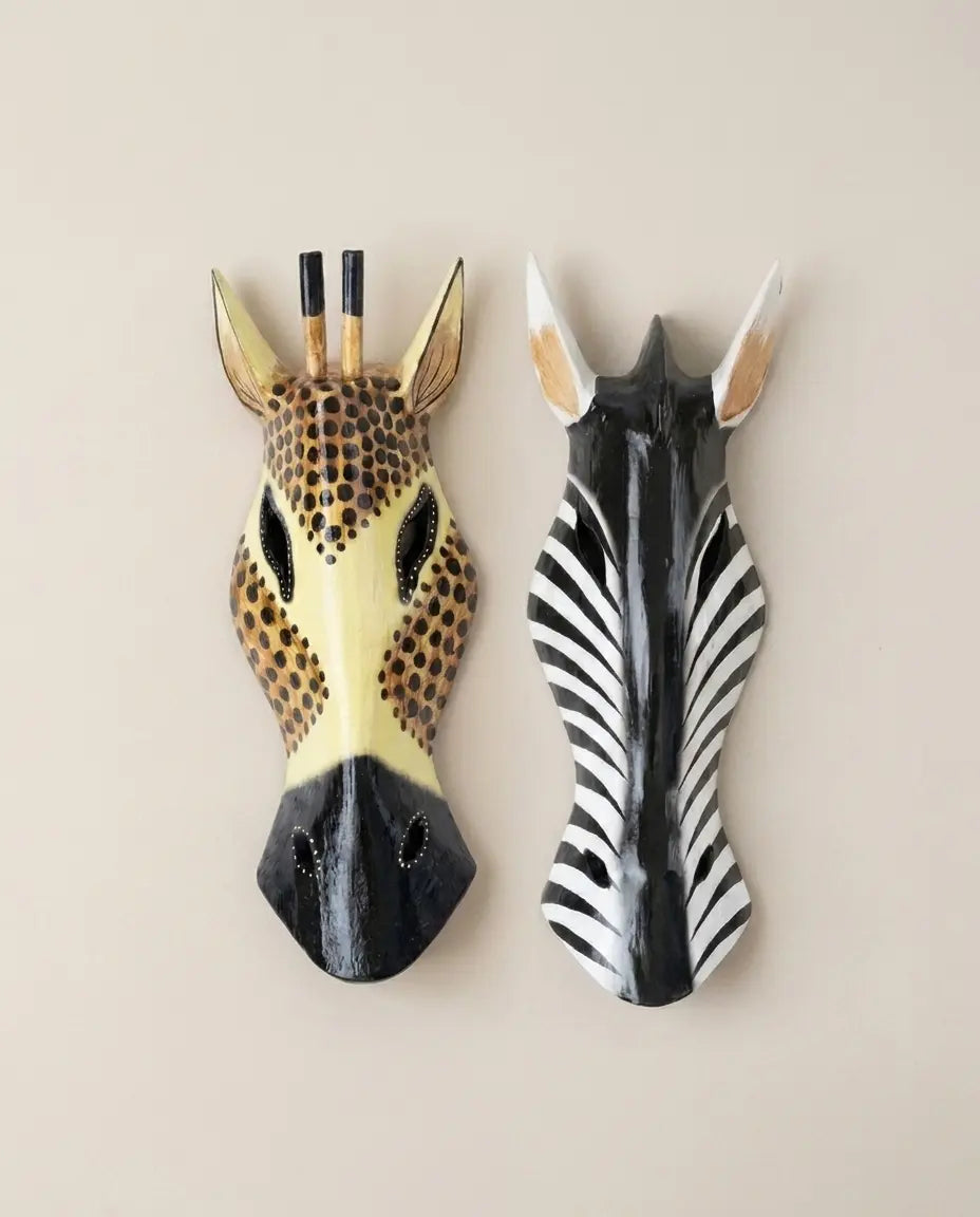 Giraffe & Zebra Mask in Wood 40 CM | Bundle (2pcs)