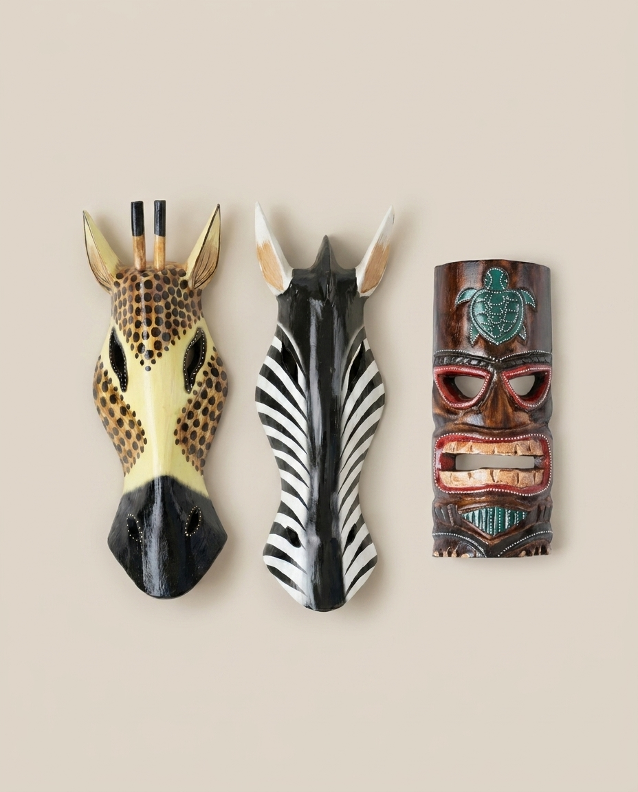 Giraffe, Zebra & Tiki Mask Combo | (30,30,25 cm)